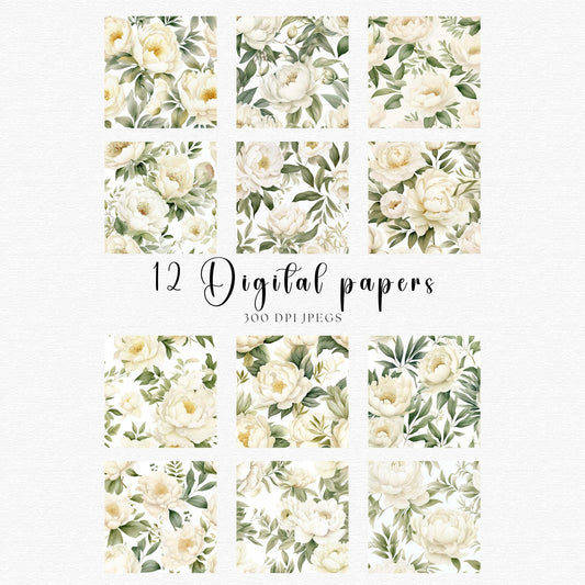 Watercolor Ivory White Peony Digital Papers