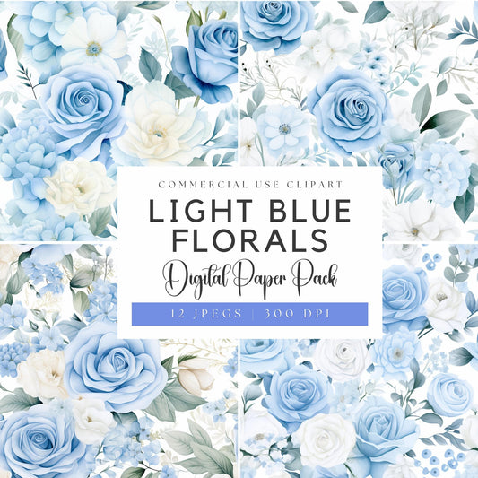 Watercolor Light Blue Floral Digital Papers
