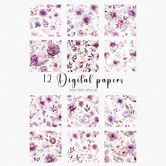 Watercolor Mauve Floral Digital Papers