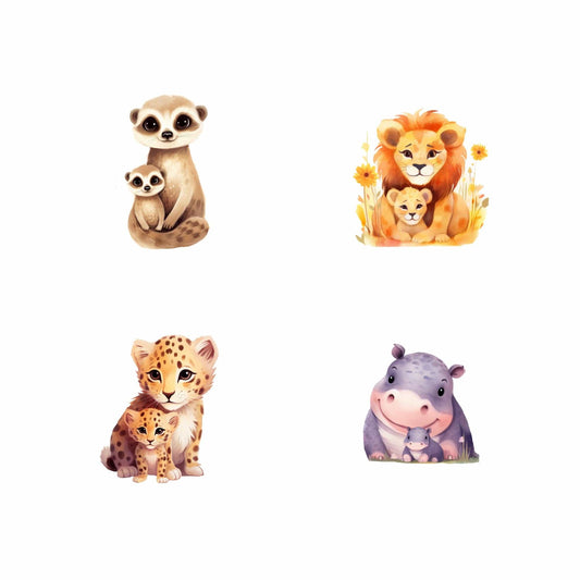 Watercolor Mother & Baby Safari Animals Clipart
