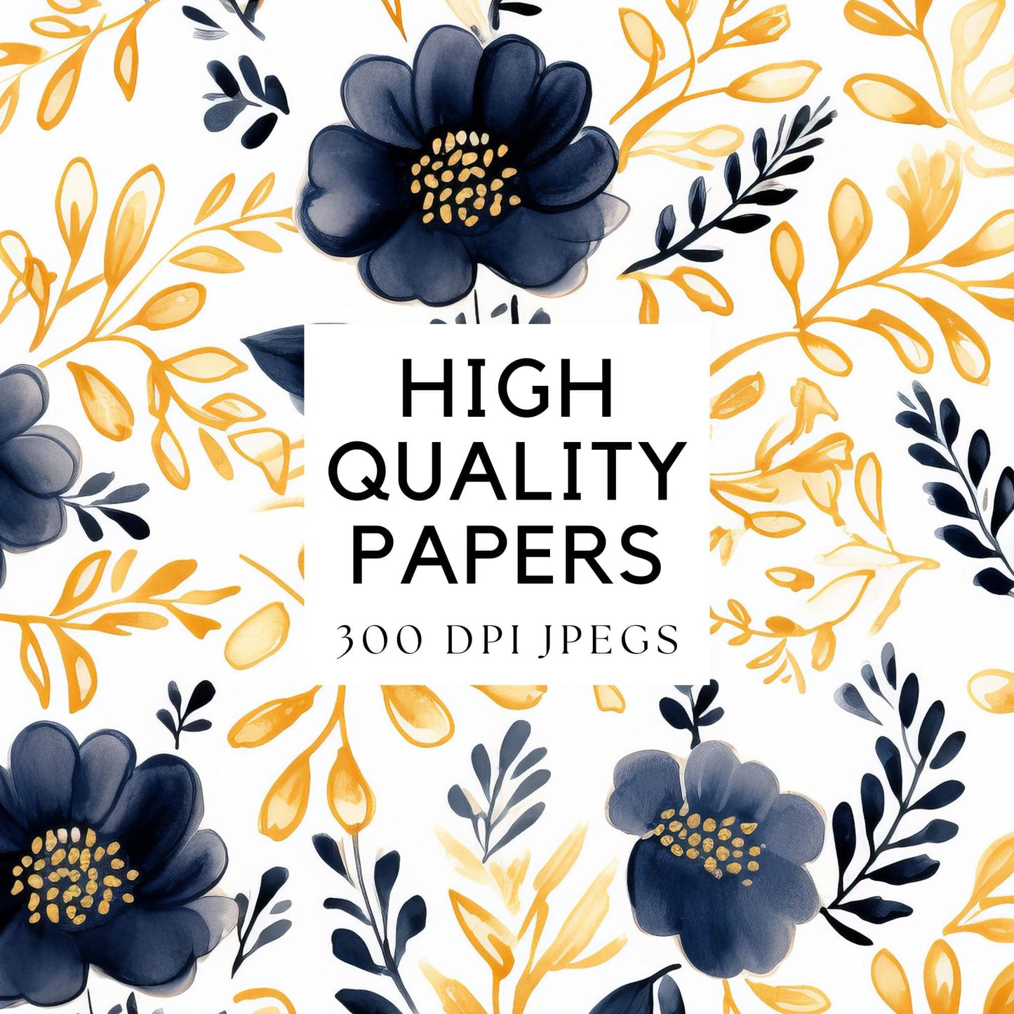 Watercolor Navy and Gold Floral Digital Papers