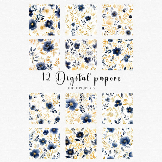 Watercolor Navy and Gold Floral Digital Papers