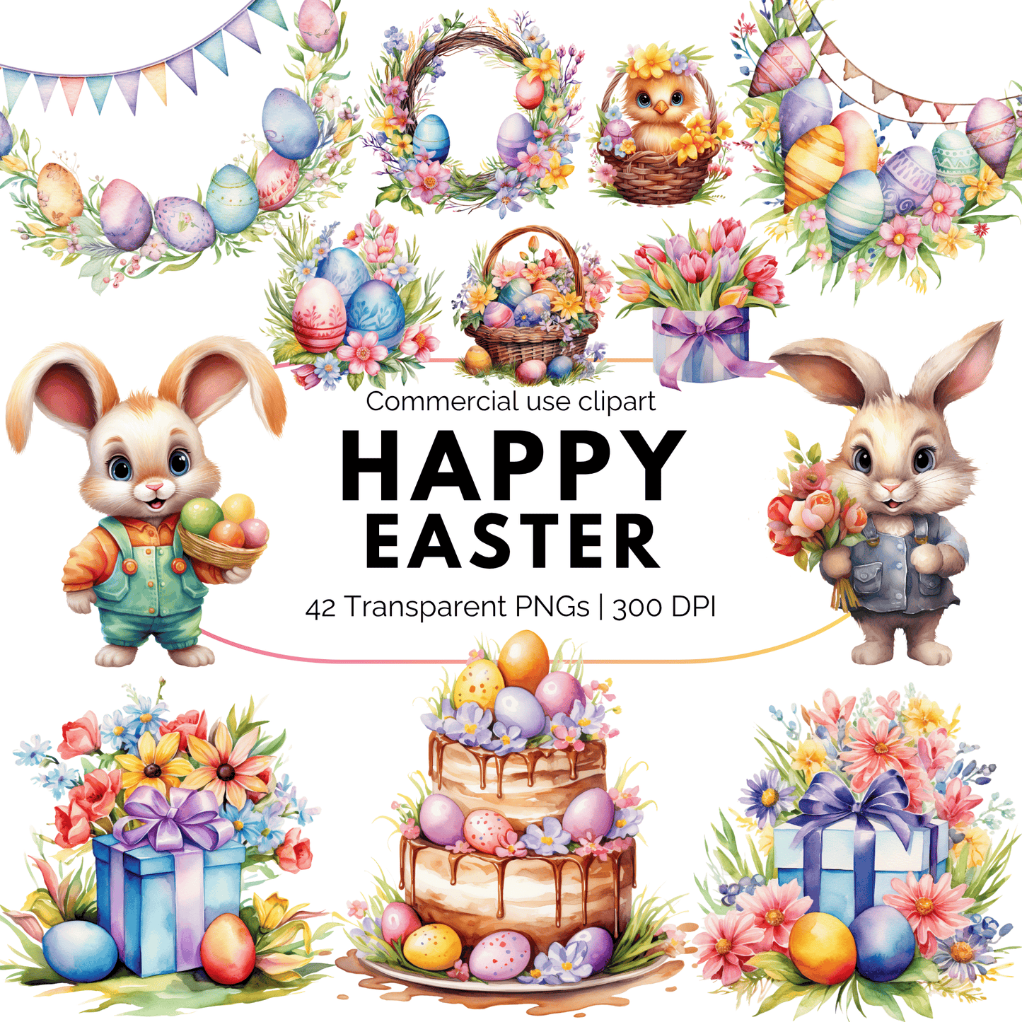 Watercolor Pastel Happy Easter Clipart