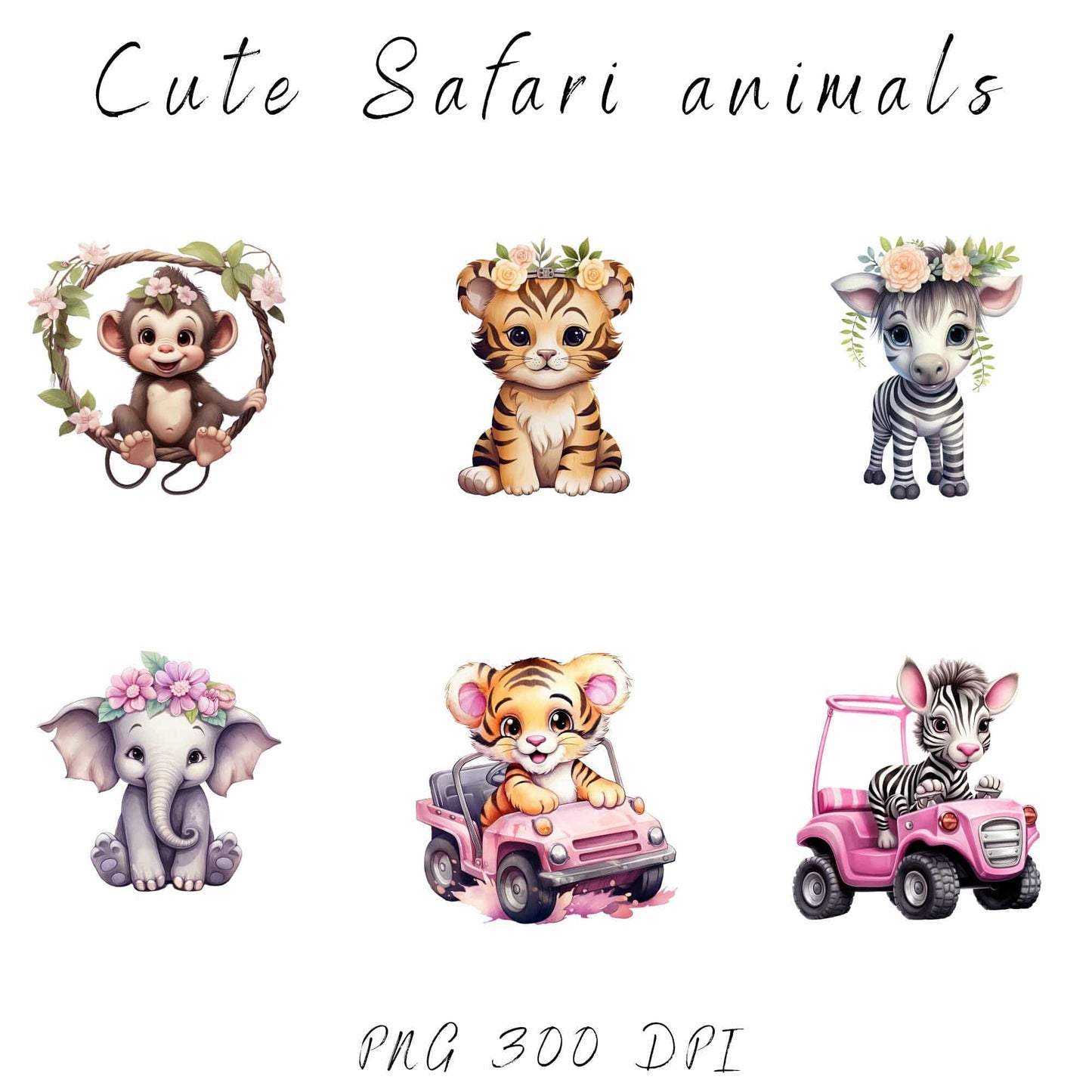 Watercolor Pink Baby Safari Animals Clipart