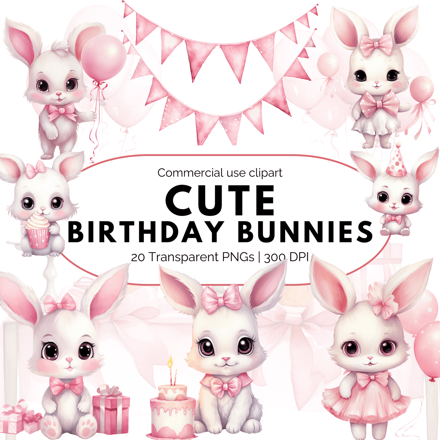 Watercolor Pink Birthday Bunny Clipart