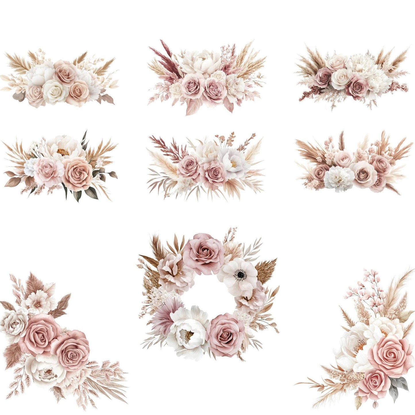 Watercolor Pink Floral Pampas Clipart