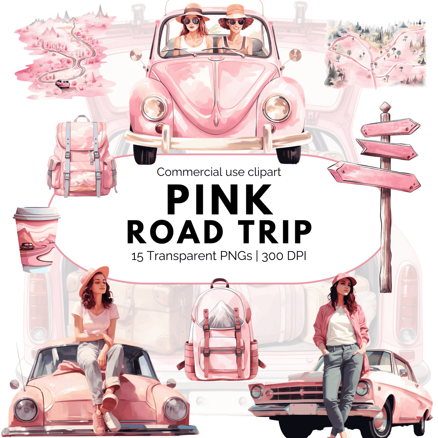 Watercolor Pink Road trip girl clipart