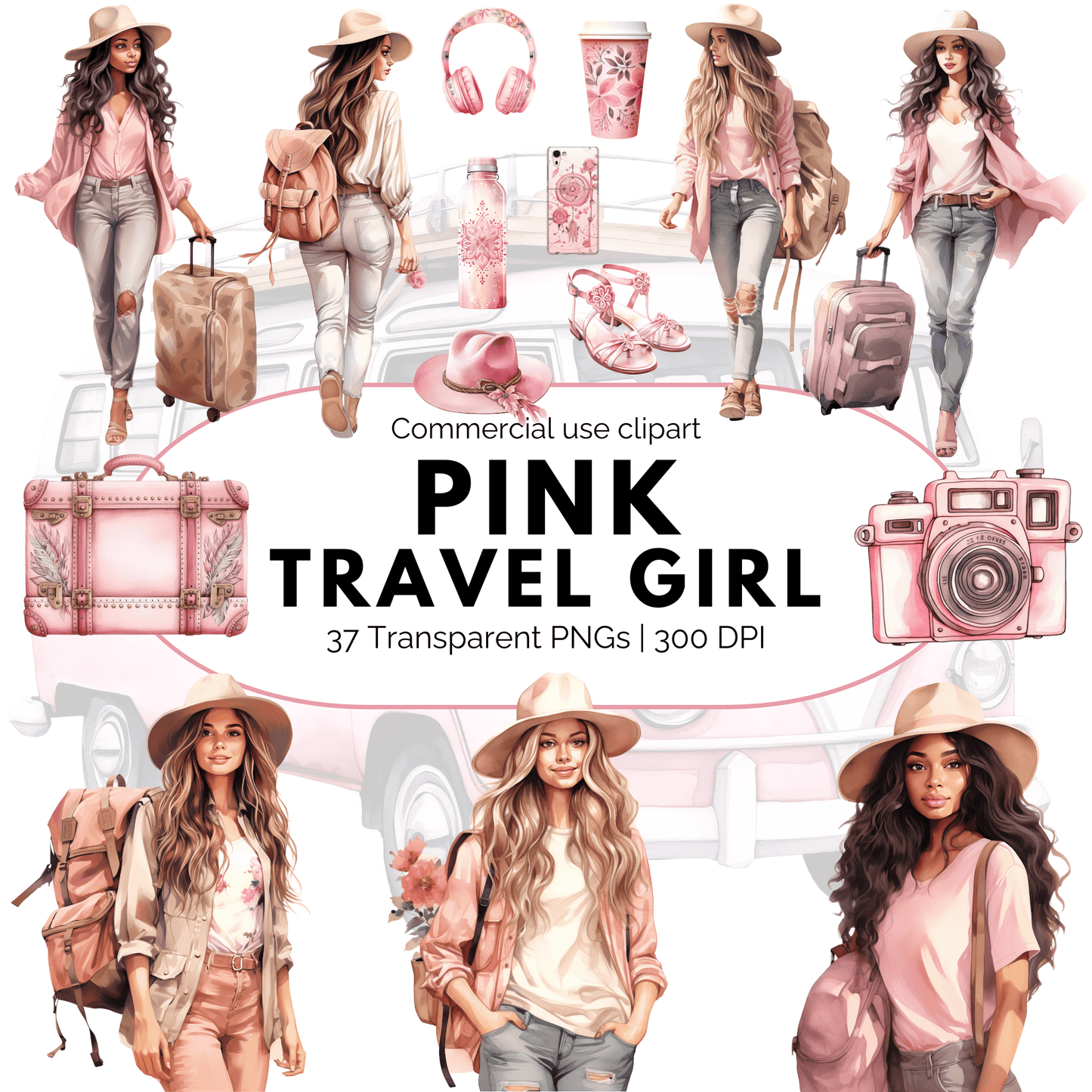 Watercolor Pink Travel girl clipart