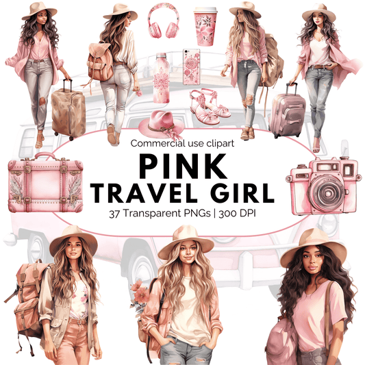 Watercolor Pink Travel girl clipart