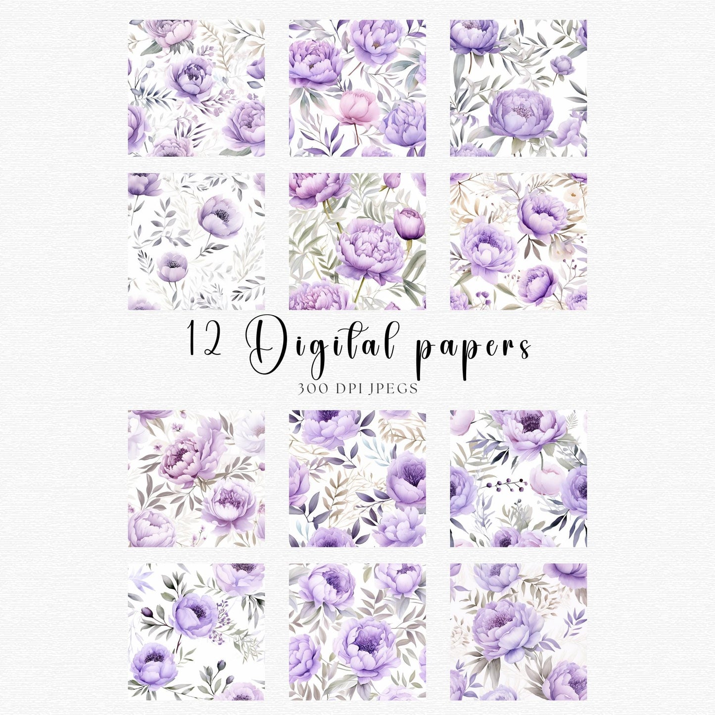 Watercolor Purple Peony Digital Papers