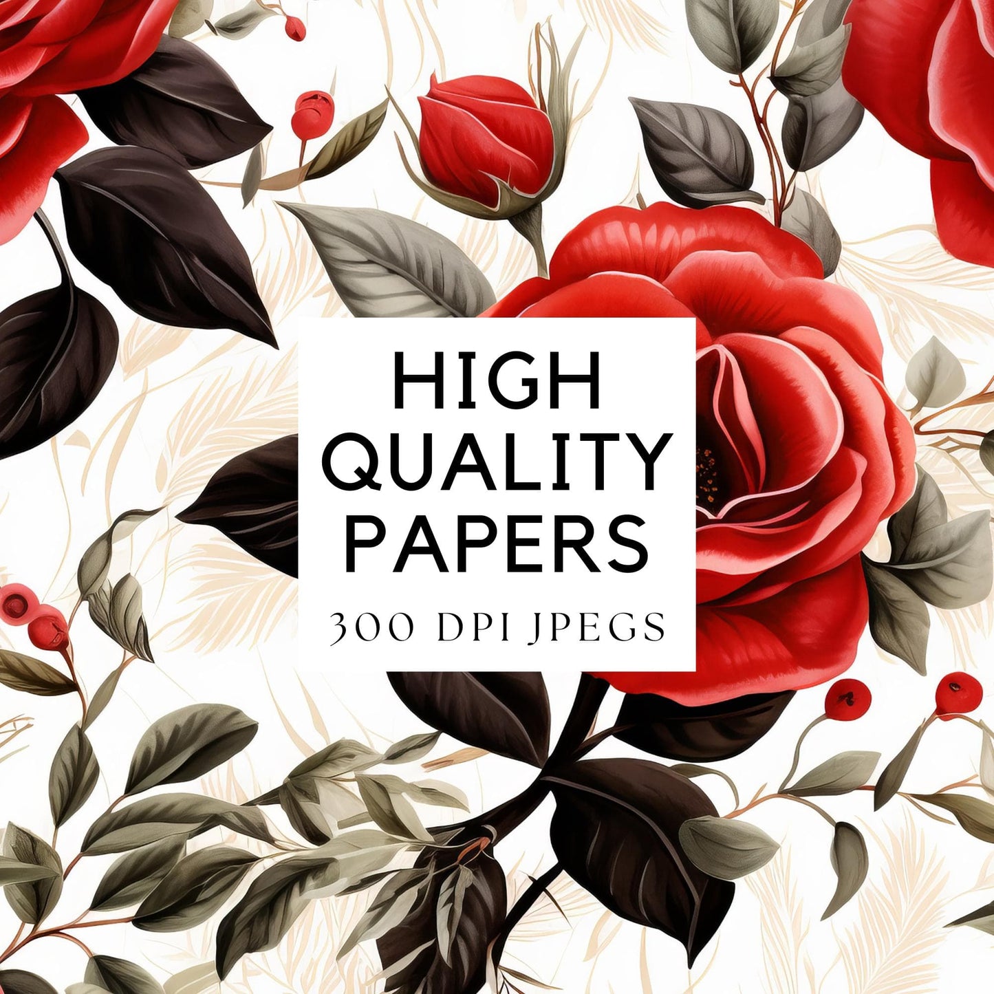 Watercolor Red & Black Floral Digital Papers