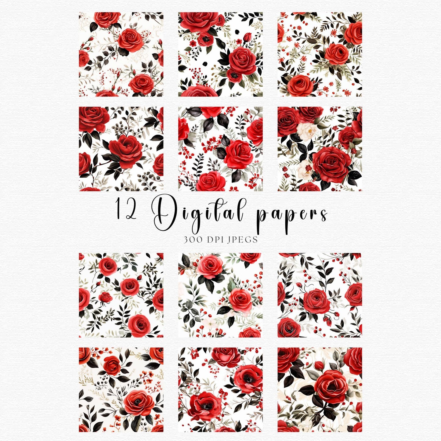 Watercolor Red & Black Floral Digital Papers