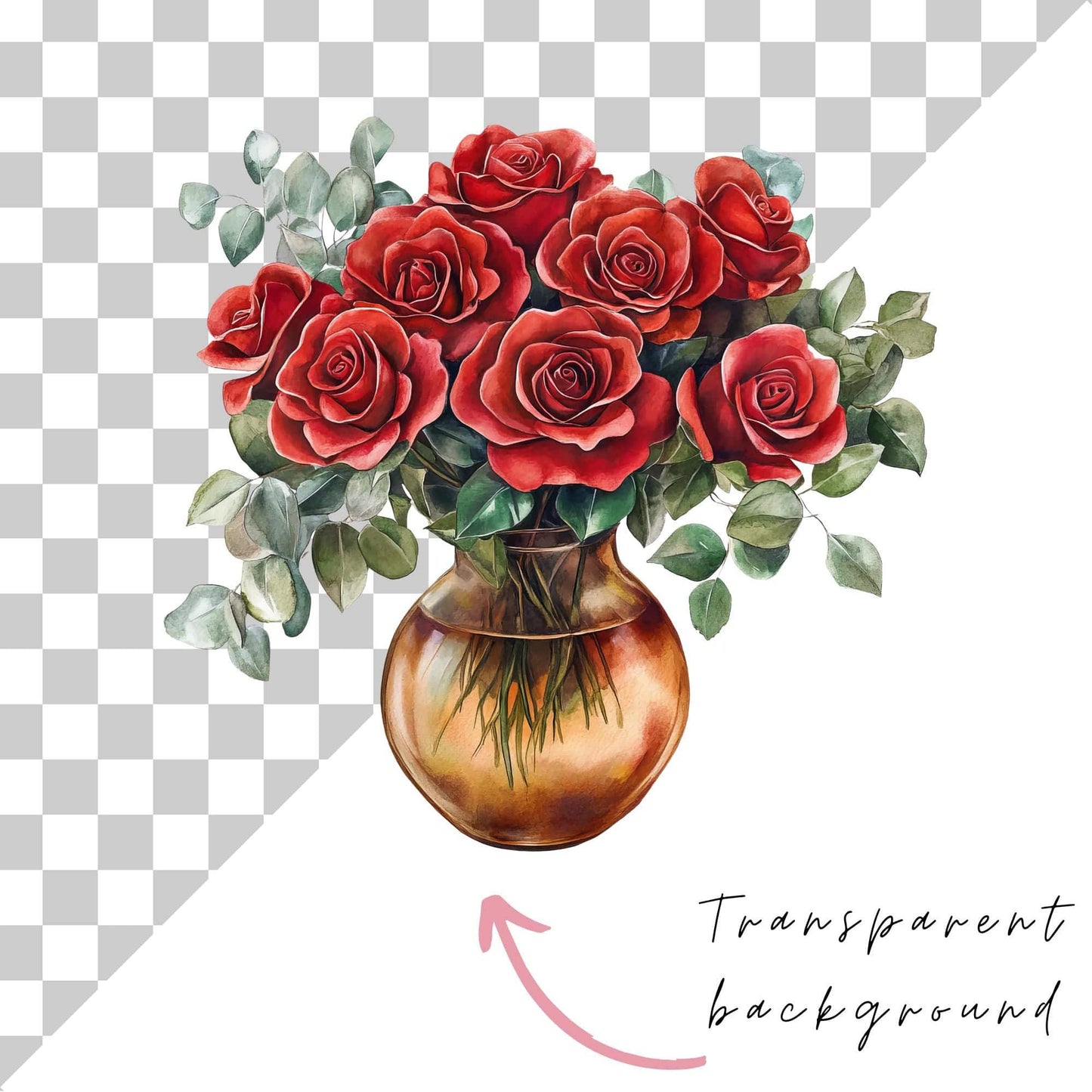 Watercolor Red Rose Vase Clipart