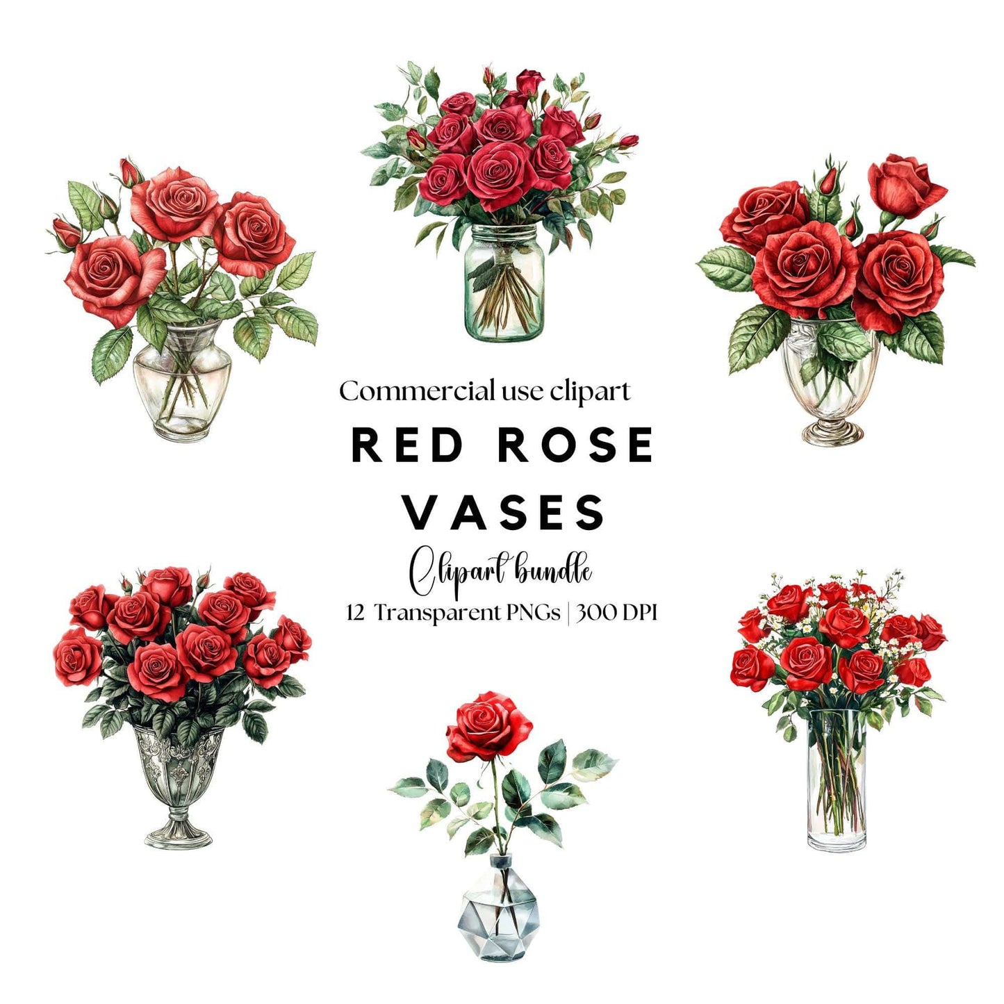 Watercolor Red Rose Vase Clipart