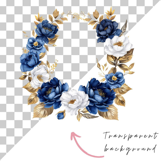 Watercolor Royal Blue Floral Wreath Clipart
