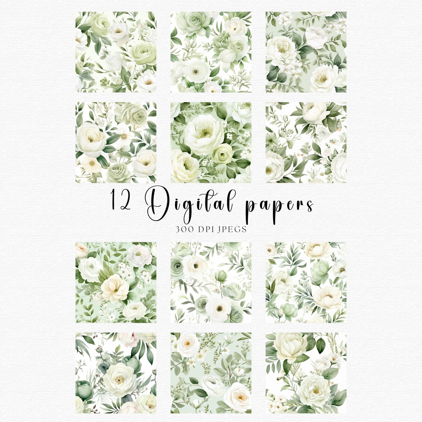 Watercolor Sage Green Floral Digital paper