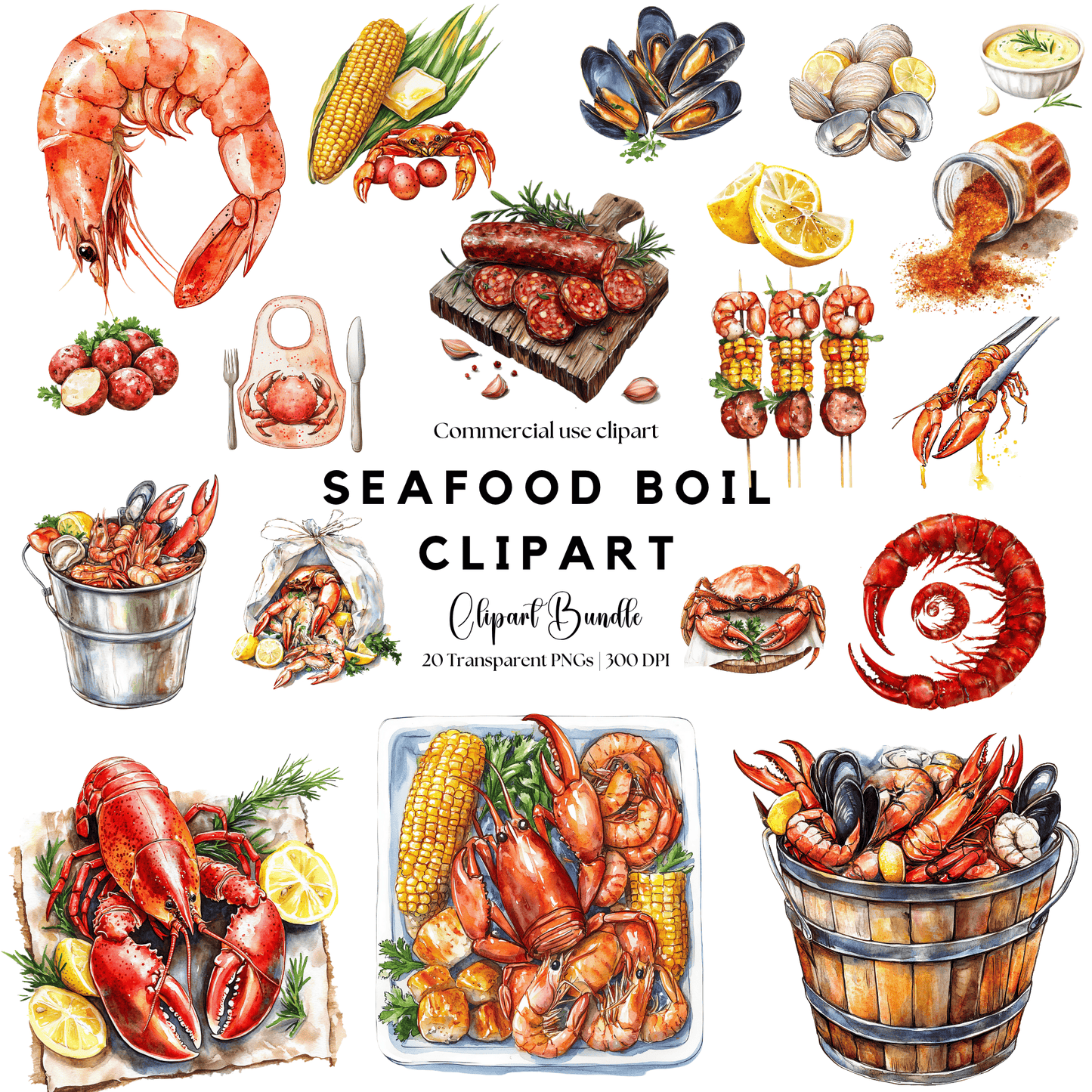 a seafood boil clipart set includes shrimp, shrimp, shrimp, corn, and