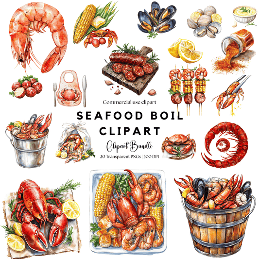 a seafood boil clipart set includes shrimp, shrimp, shrimp, corn, and