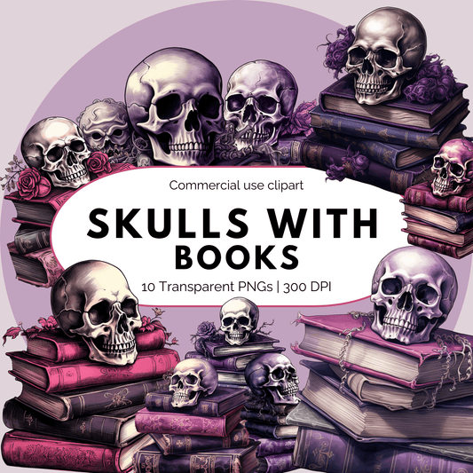 Watercolor Skulls with Books Clipart