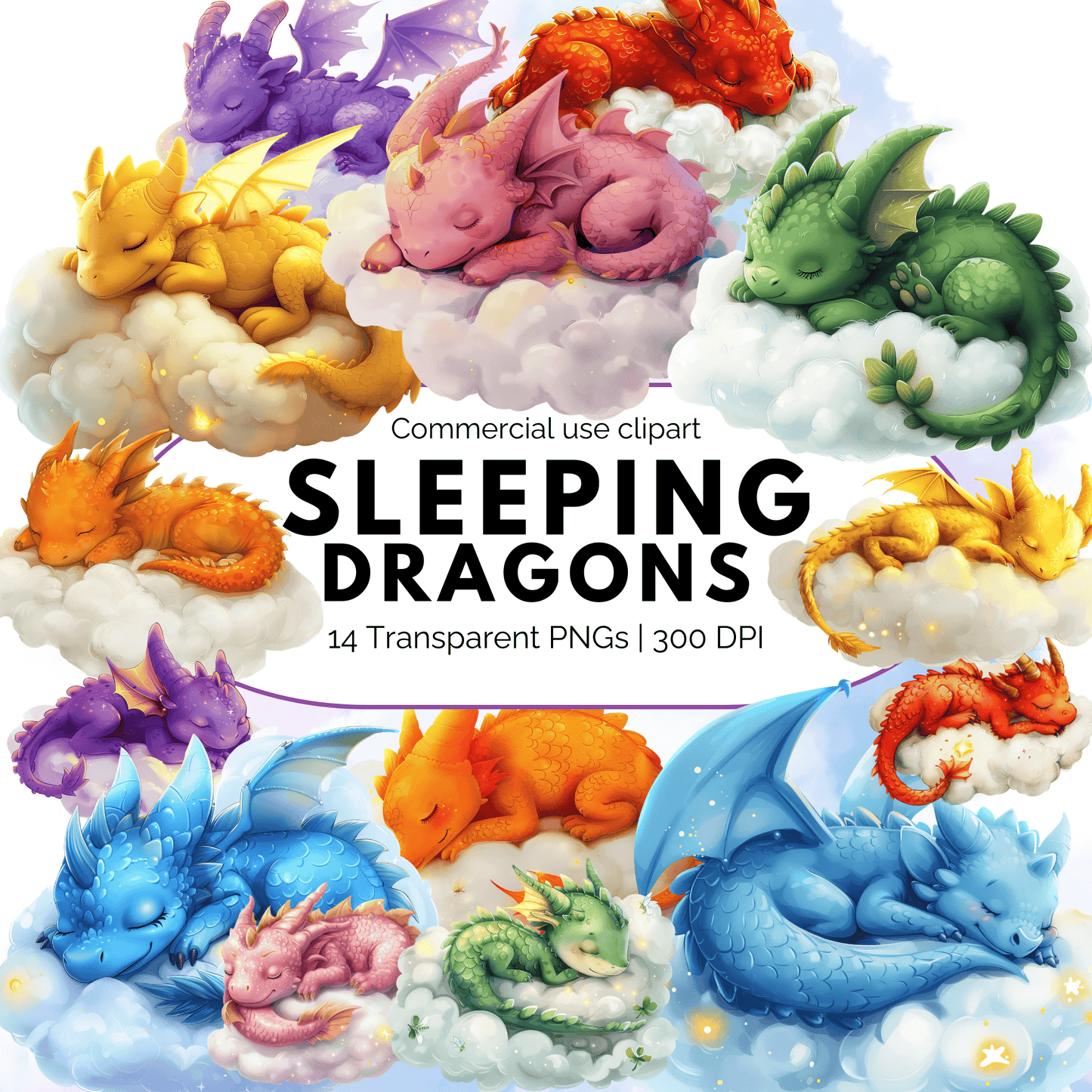 Illustrations of colorful sleeping dragons on a white background with text indicating commercial use and file details.