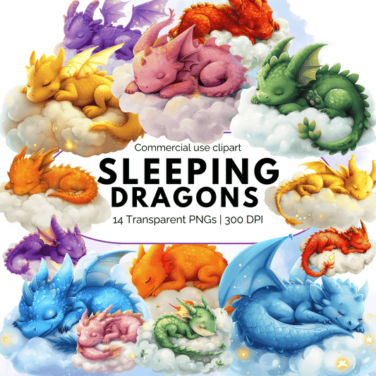 Illustrations of colorful sleeping dragons on a white background with text indicating commercial use and file details.