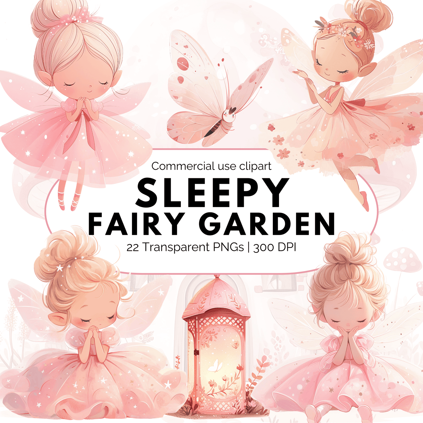 Watercolor Sleepy Fairy Garden Clipart