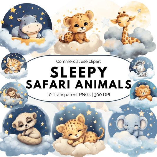Watercolor Sleepy Safari Animals Clipart
