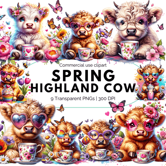 Watercolor Spring Highland Cow Clipart