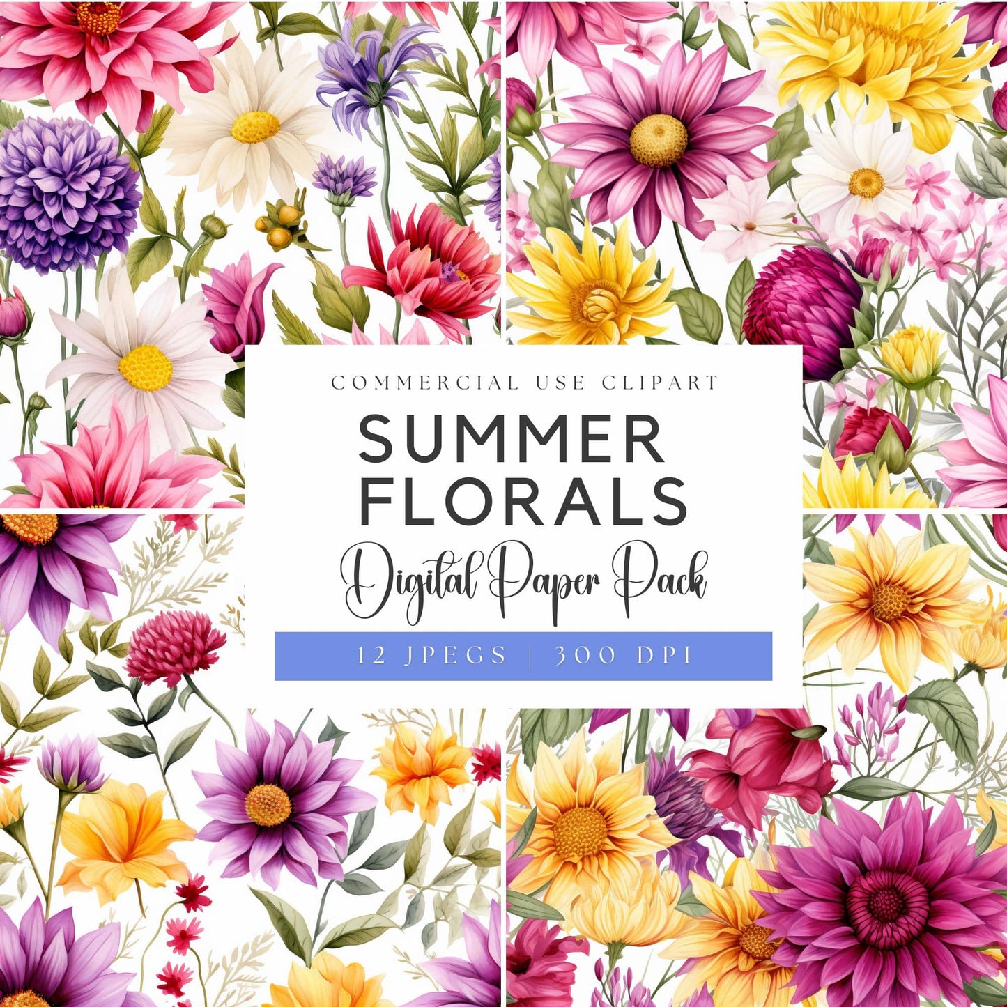 Watercolor Summer Florals Digital Papers