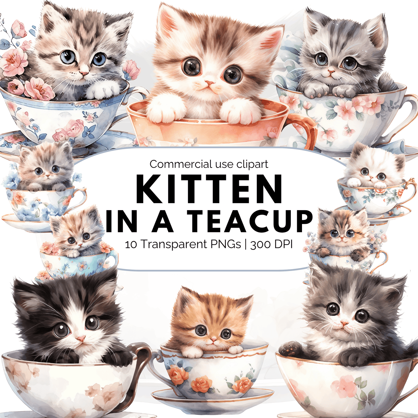 Watercolor Teacup Kitten Clipart