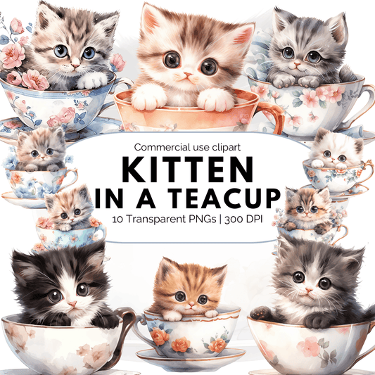 Watercolor Teacup Kitten Clipart
