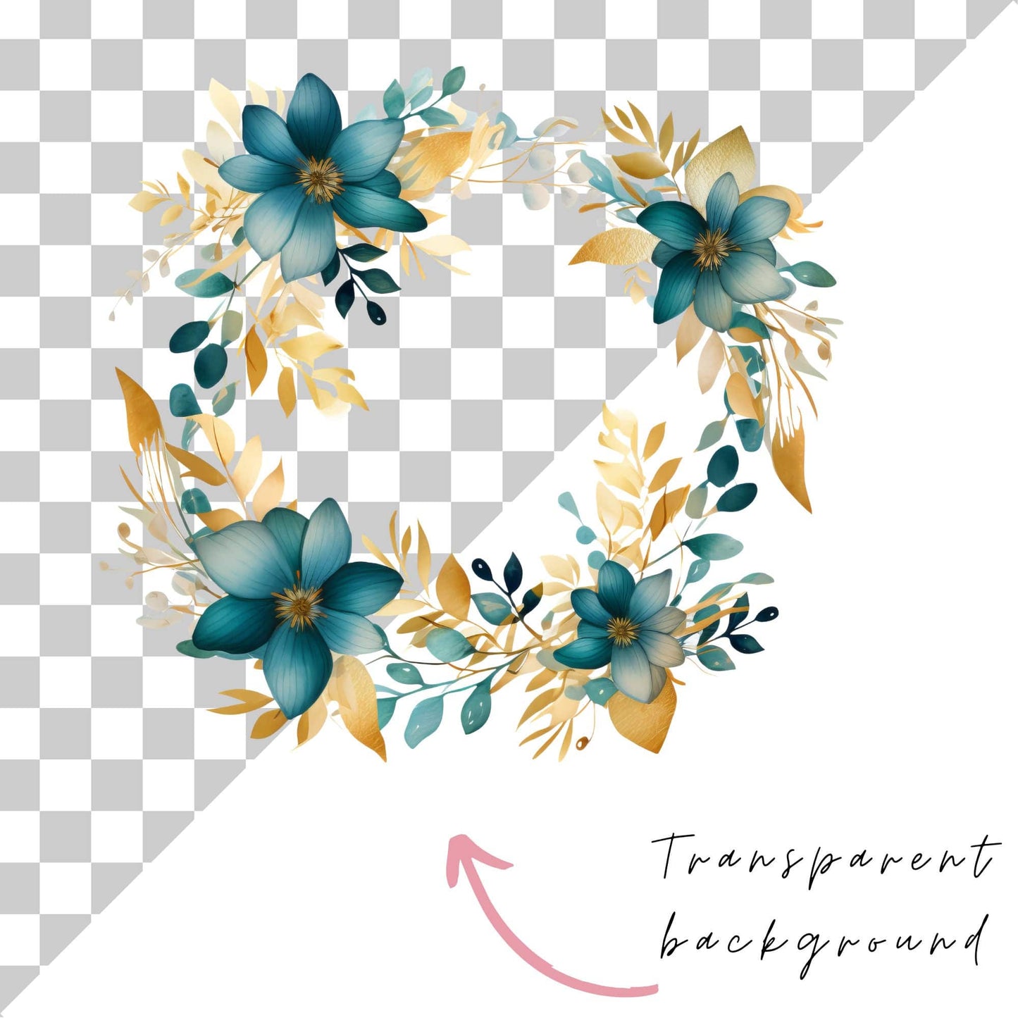 Watercolor Teal & Gold Floral Clipart