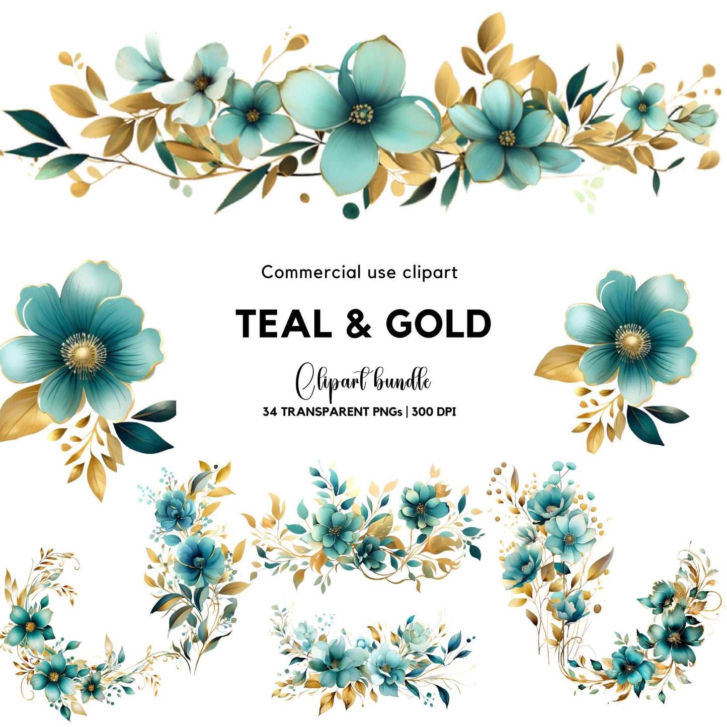 Watercolor Teal & Gold Floral Clipart
