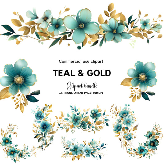 Watercolor Teal & Gold Floral Clipart