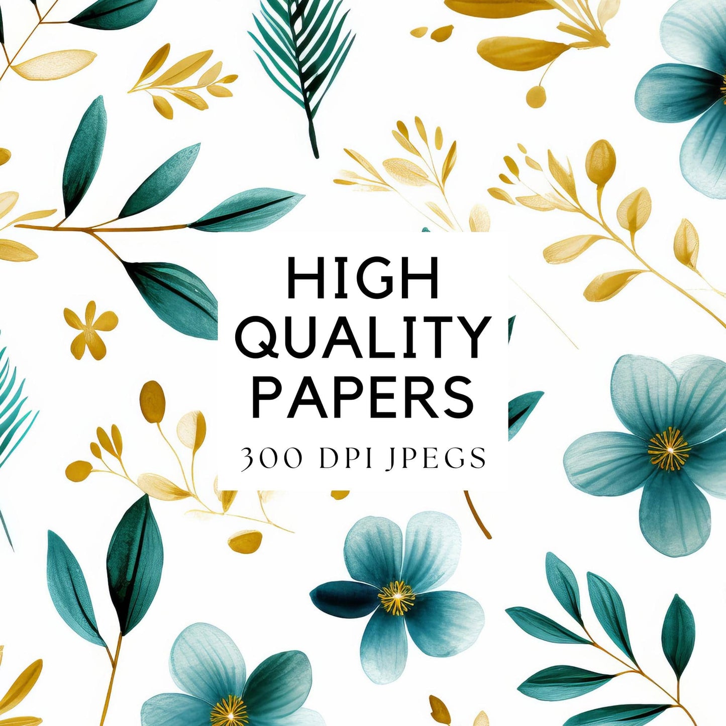 Watercolor Teal & Gold Florals Digital Papers