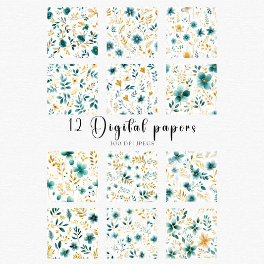 Watercolor Teal & Gold Florals Digital Papers