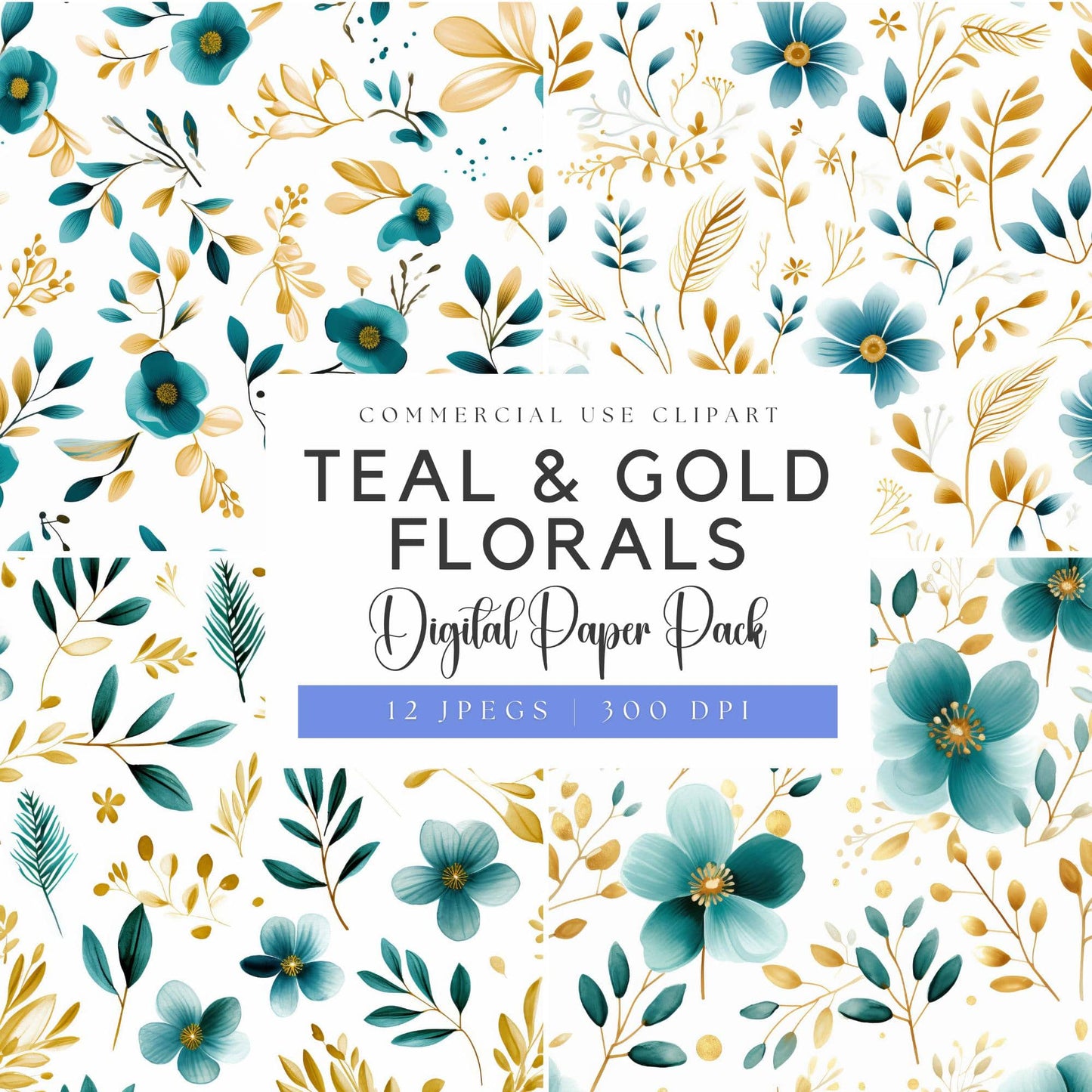 Watercolor Teal & Gold Florals Digital Papers