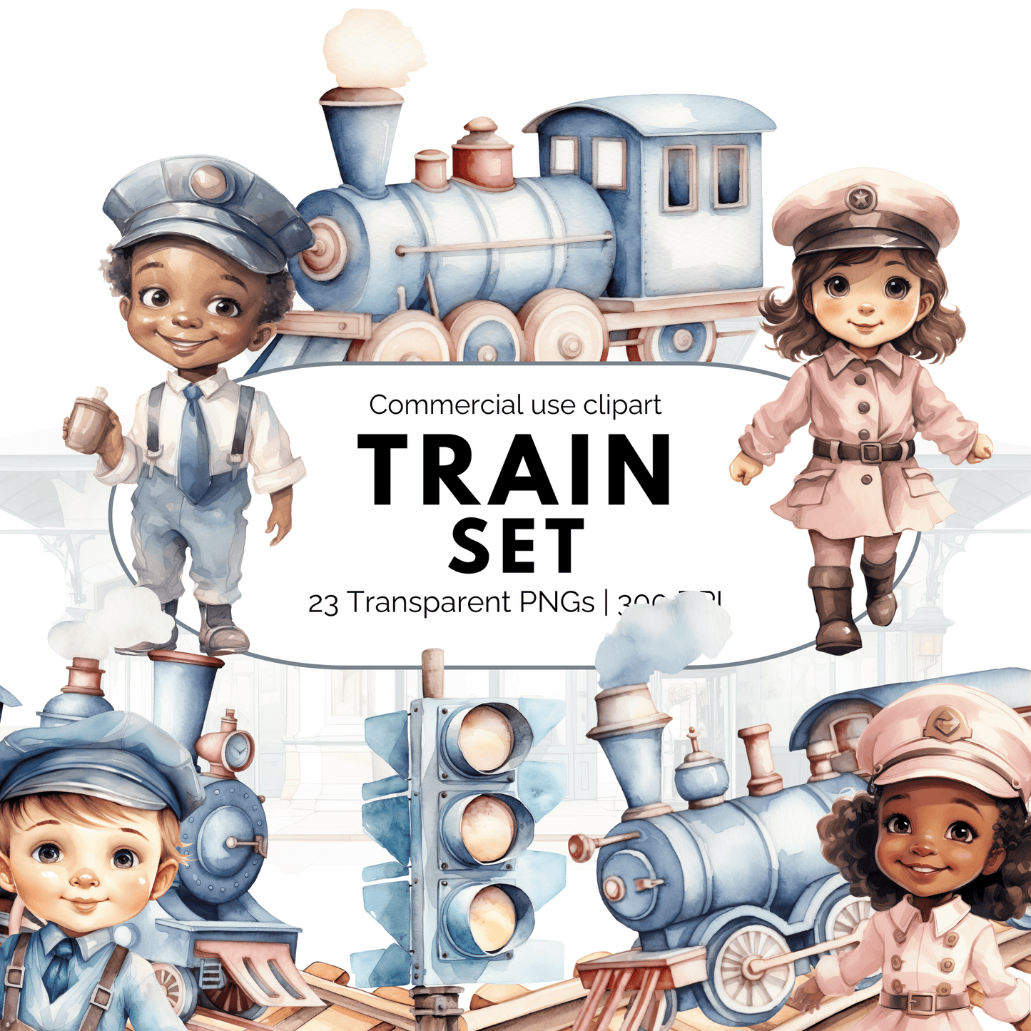 Watercolor Train set clipart