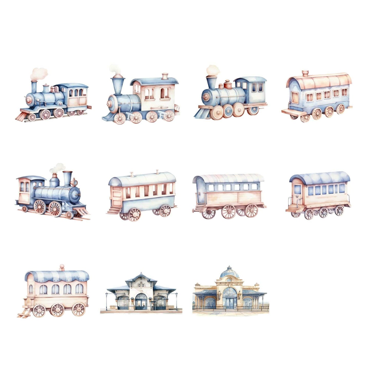 Watercolor Train set clipart