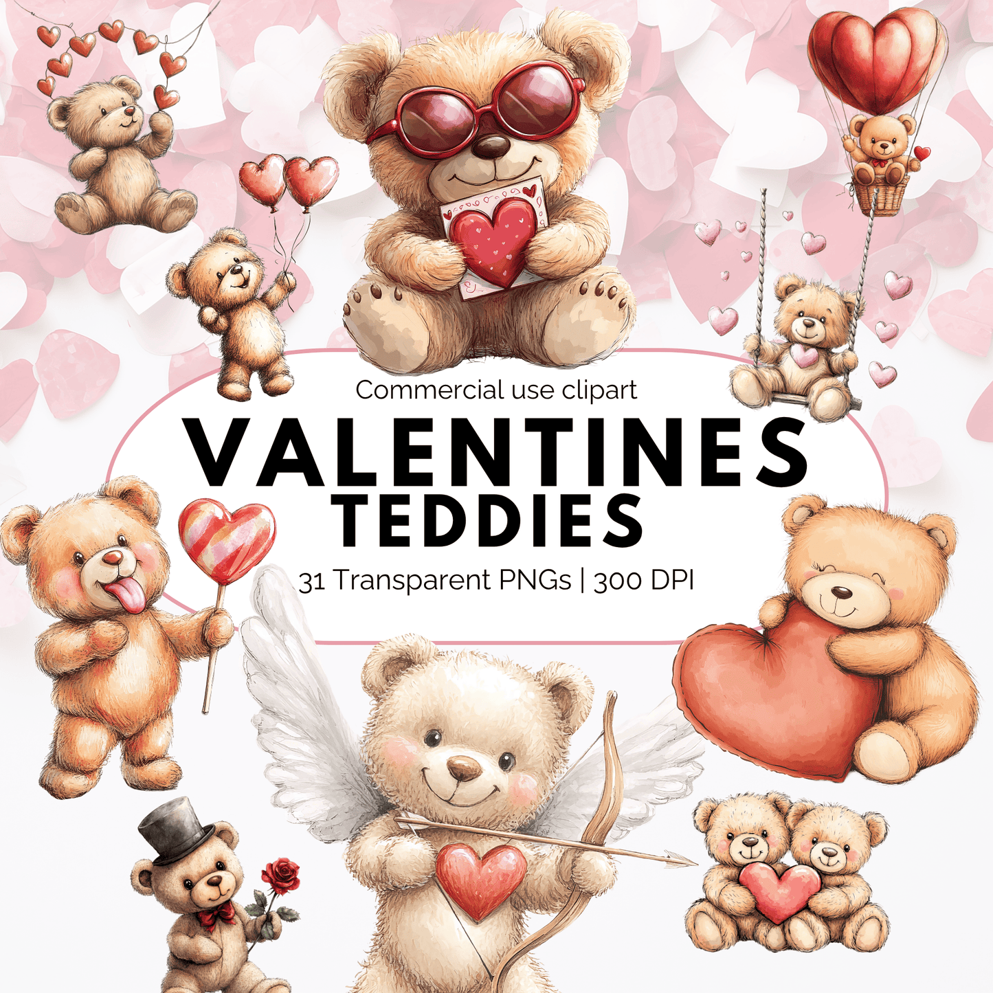 Watercolor Valentines Teddy Bear Clipart