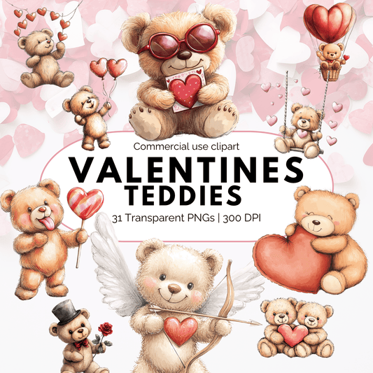Watercolor Valentines Teddy Bear Clipart