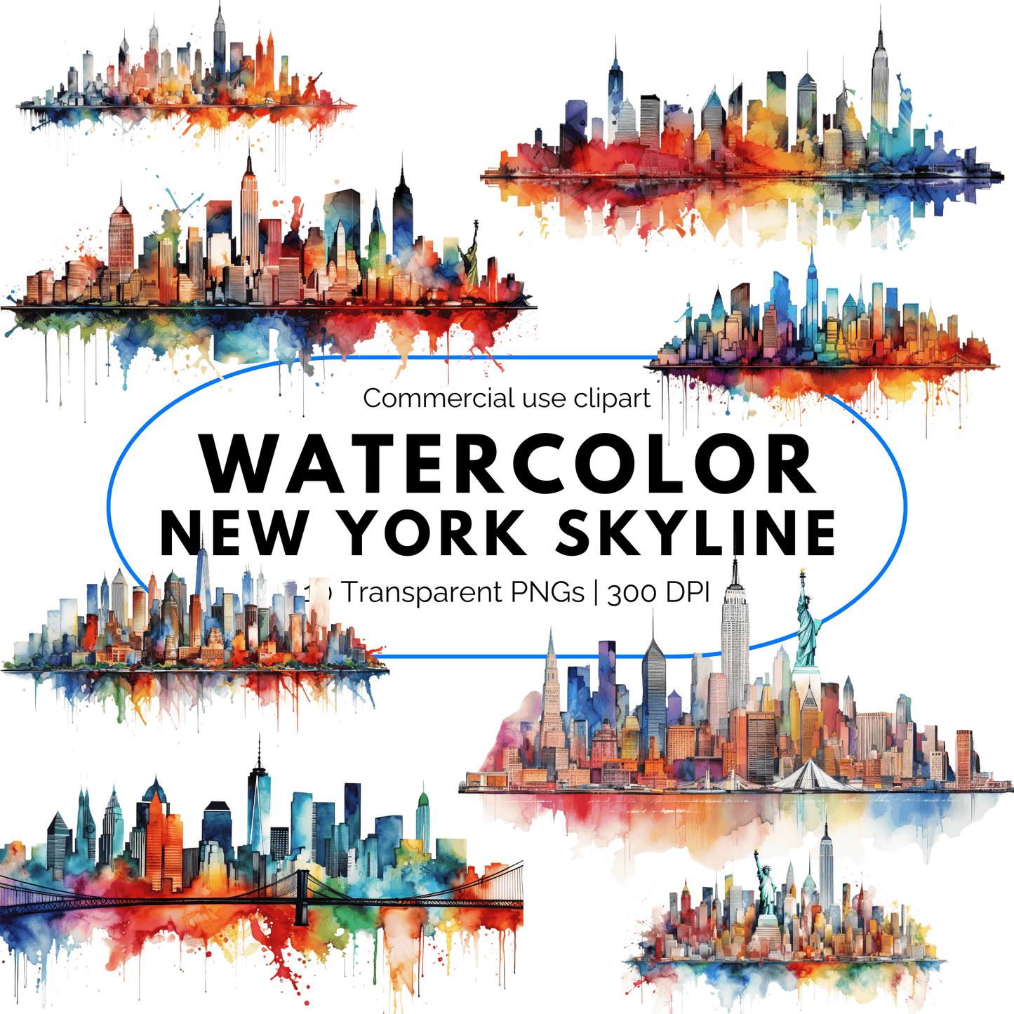 Watercolor Vibrant Abstract New York Skyline Clipart