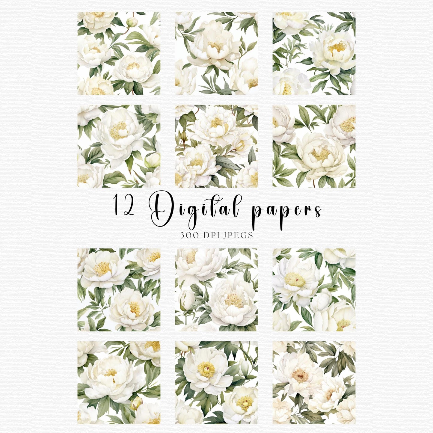 Watercolor White Peony Digital Papers