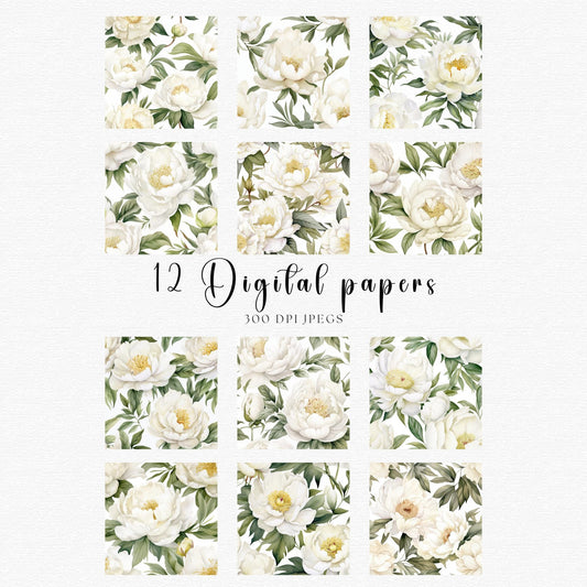 Watercolor White Peony Digital Papers