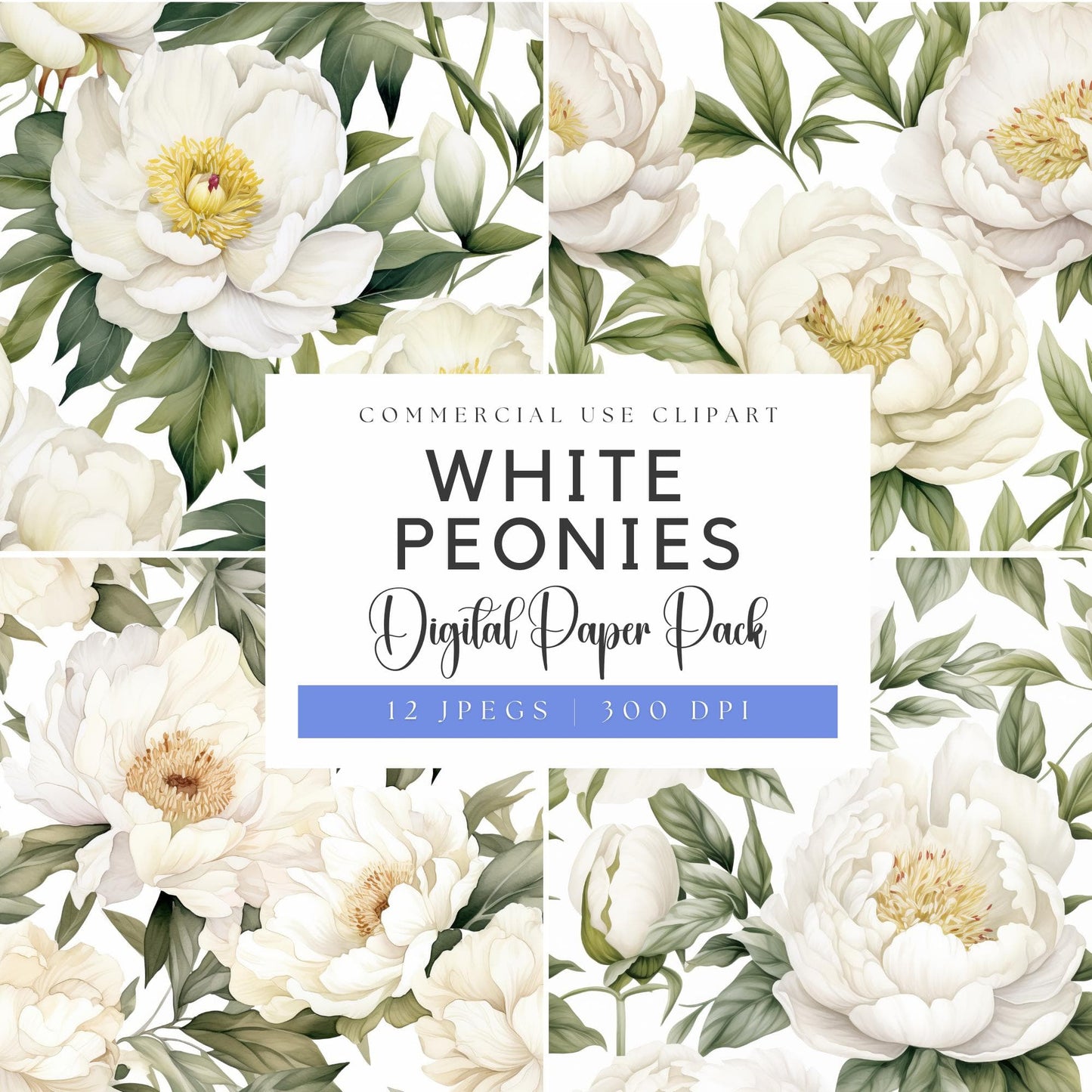Watercolor White Peony Digital Papers