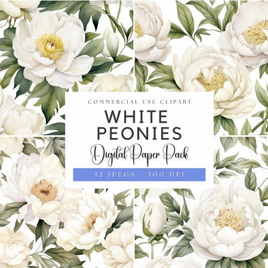 Watercolor White Peony Digital Papers
