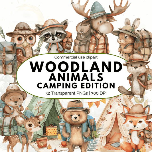 Watercolor Woodland animals go camping clipart