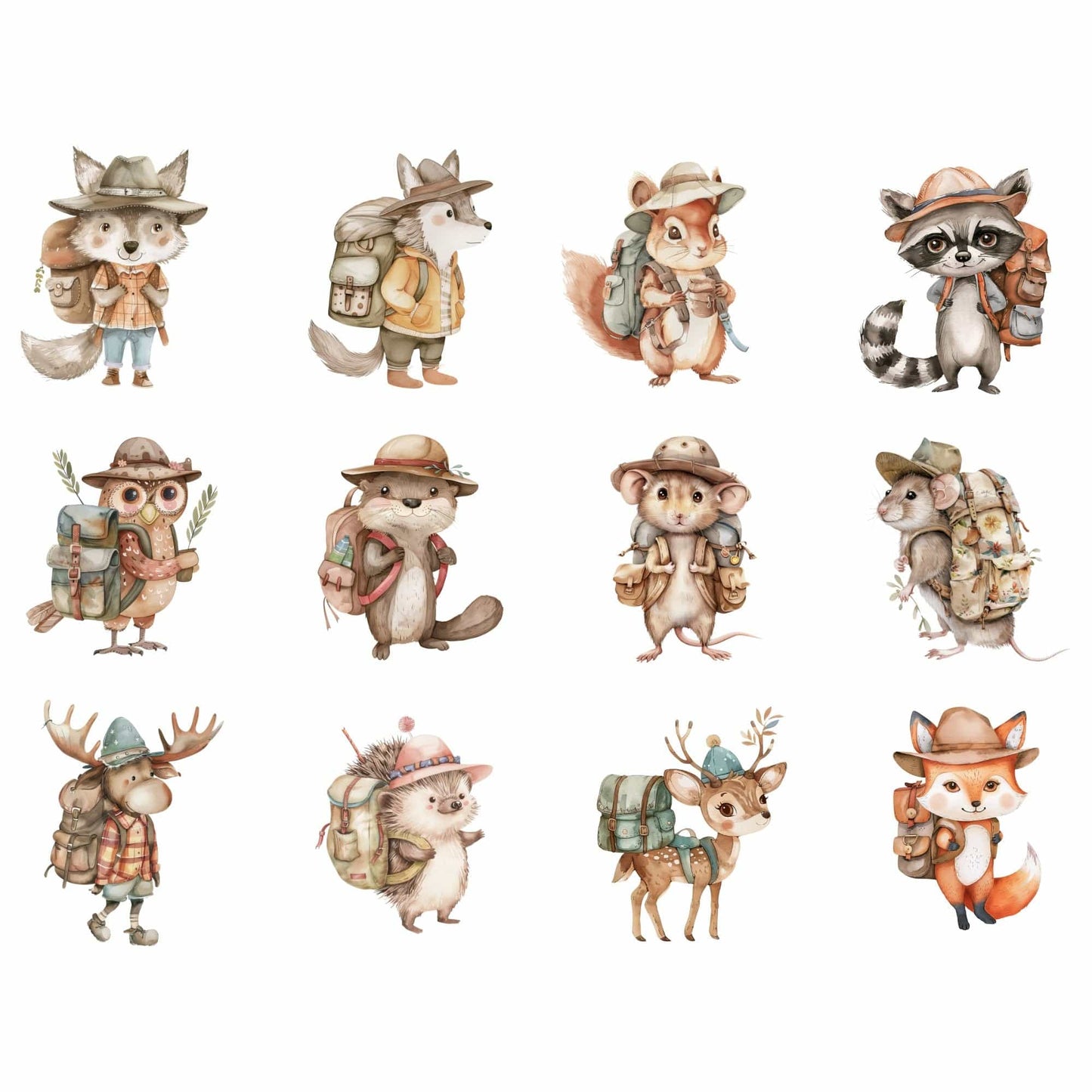 Watercolor Woodland animals go camping clipart