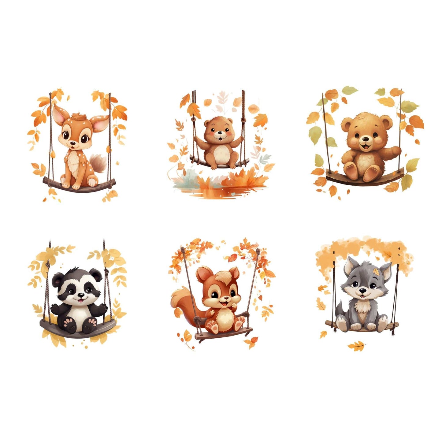 Watercolor Woodland animals on Swings Clipart