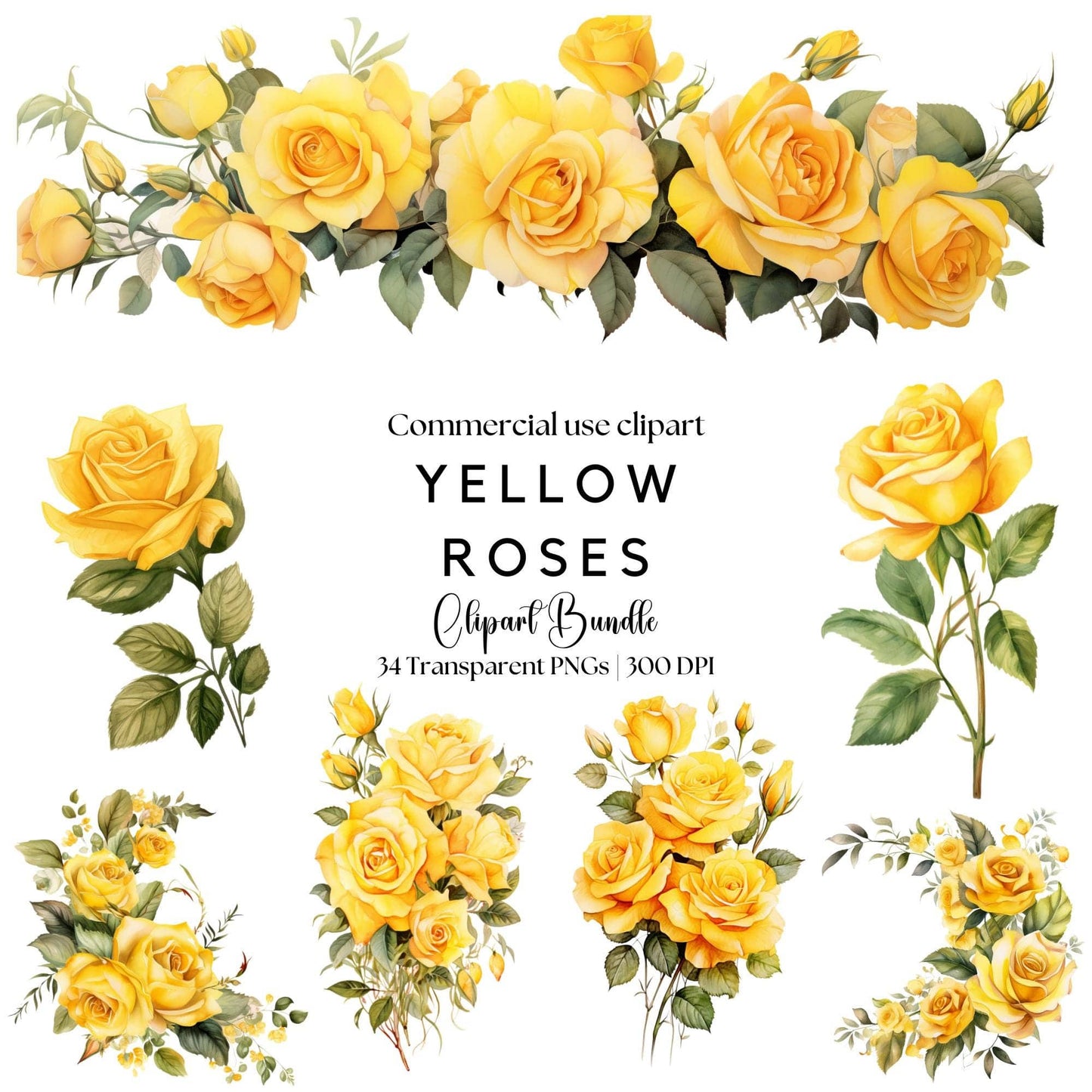 Watercolor Yellow Roses Clipart